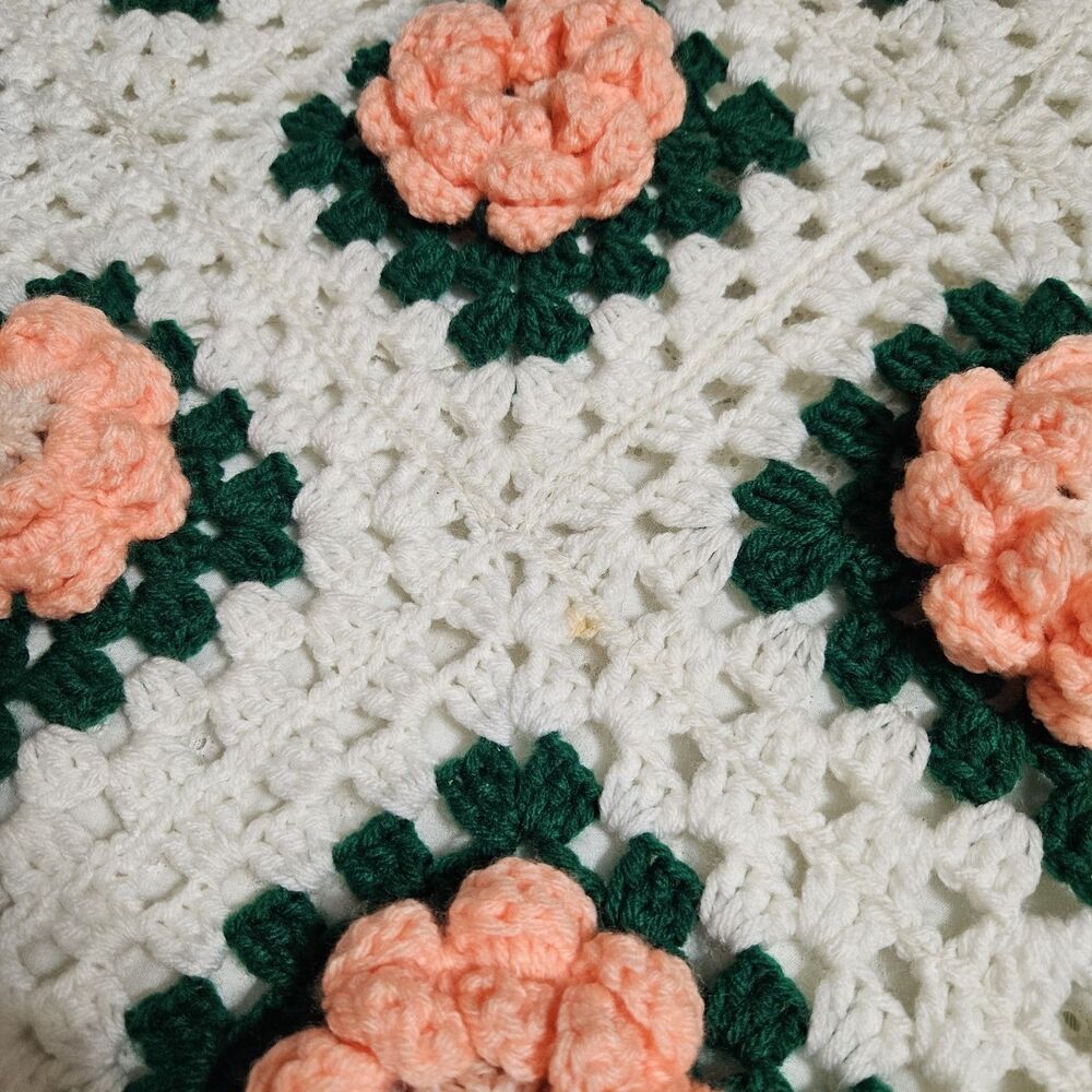 Vintage Handmade Crochet 3D Rose Granny Square Afghan Throw Blanket 108" x 66” - Picture 7 of 10